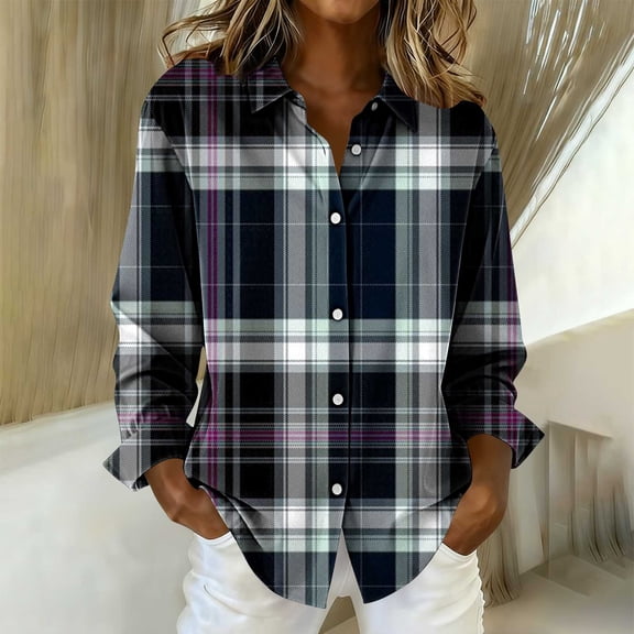 FDGIU Women's Dressy Casual Plaid Blouse - Long Sleeve Button-Down for Office & Fall Outfits