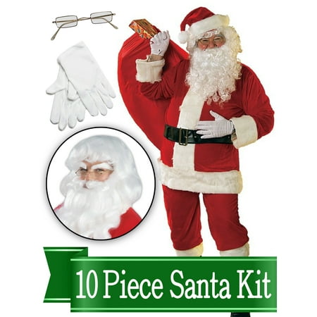Santa Suit - Rental Quality Red Ultra Velvet Deluxe - Santa Costume Outfit - Complete 10 Piece Kit