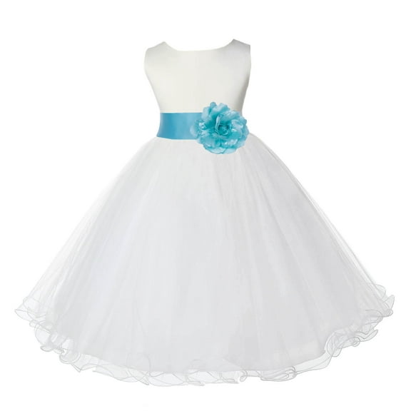 Ekidsbridal Satin Ivory Spa Blue Tulle Rattail Edge Flower Girl Dresses for Communion Baptism Christening Gown Wedding Pageant 829S M