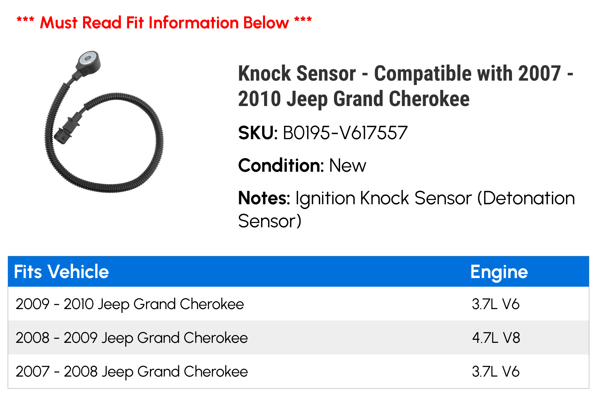 Knock Sensor - Compatible with 2007 - 2010 Jeep Grand Cherokee 2008 2009