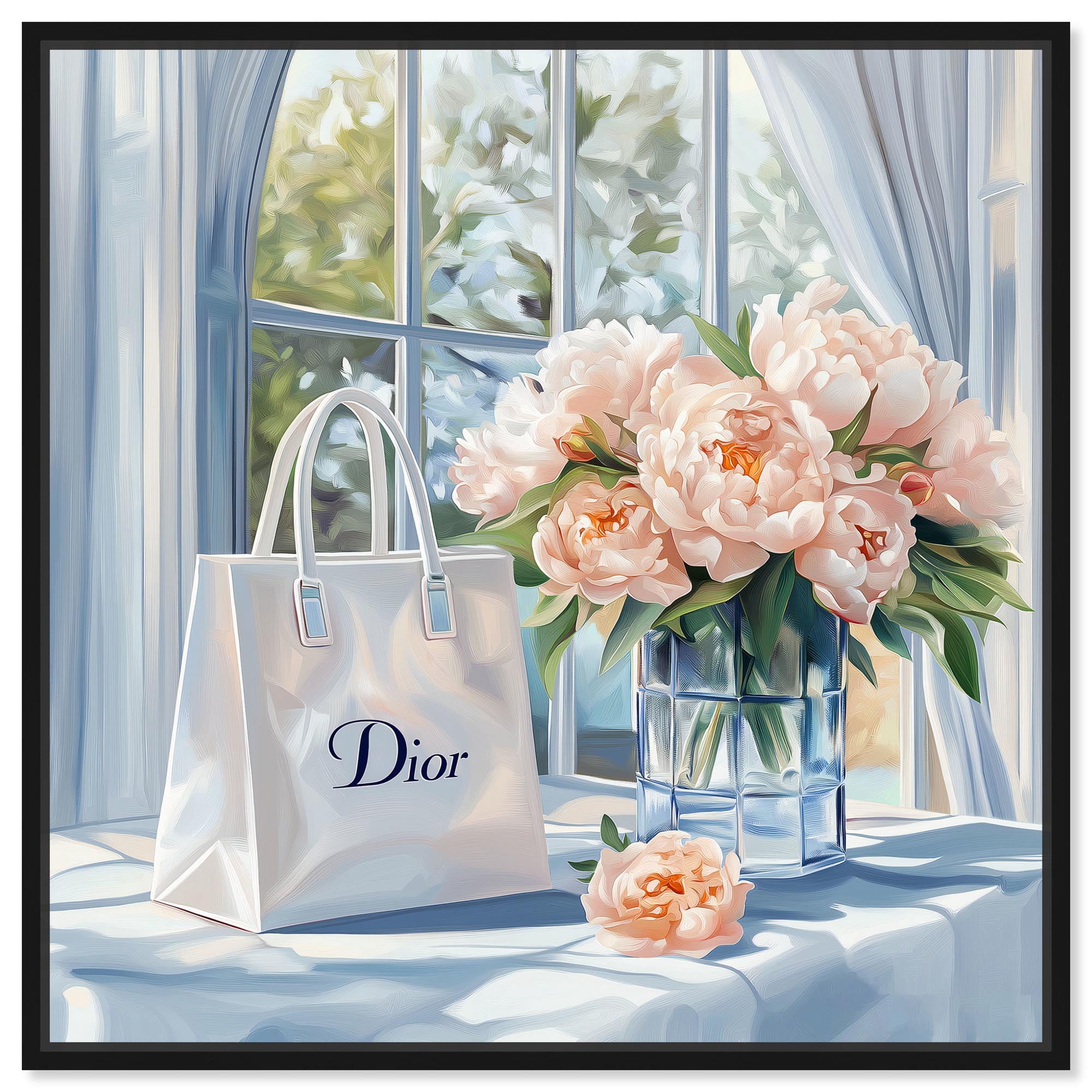 Bag and Peonies Canvas Glam Art Prints by Art Remedy, Black Frame, 12 x 12