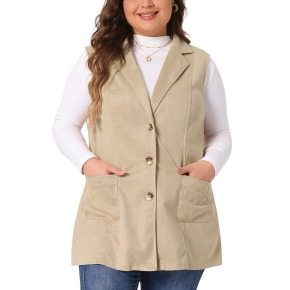 Agnes Orinda Women's Plus Size Utility Vest Notch Lapel Casual Suede Sleeveless Jacket 2X Khaki