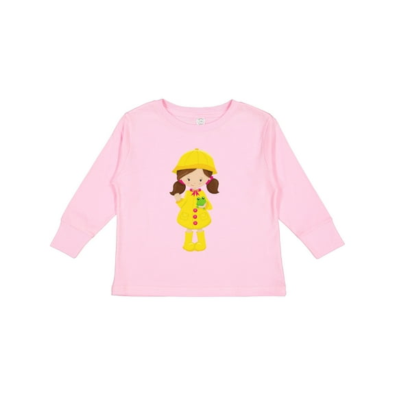 Inktastic Girl in Raincoat, Boots, Brown Hair, Frog Girls Long Sleeve Toddler T-Shirt