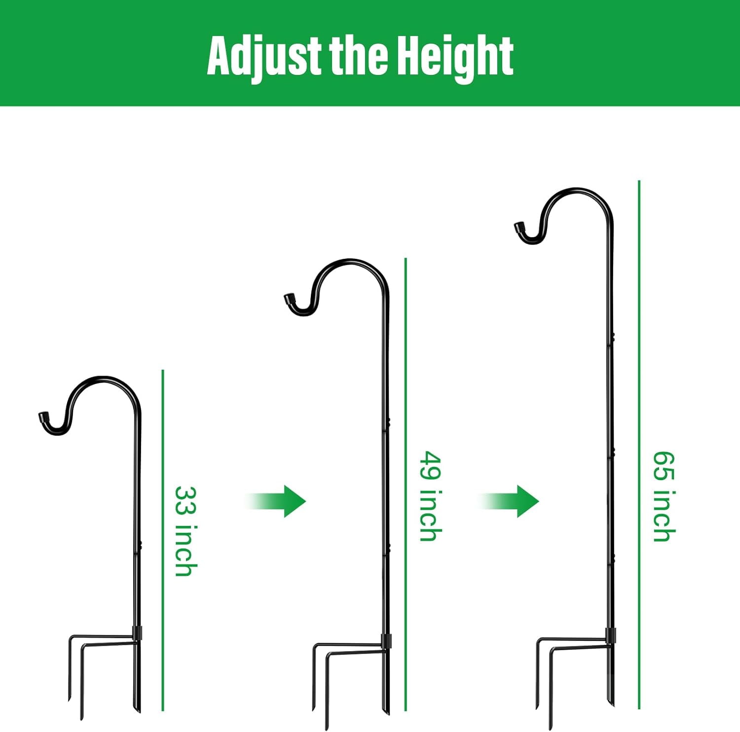 Shepherd’s Hooks 6 Pack Black, 65 inches Tall, Adjustable Garden Hook for Outdoor, Hanging Plant, Solar Lights, Lanterns, Bird Feeders, Garden Stake and Wedding Decor, 7015-3