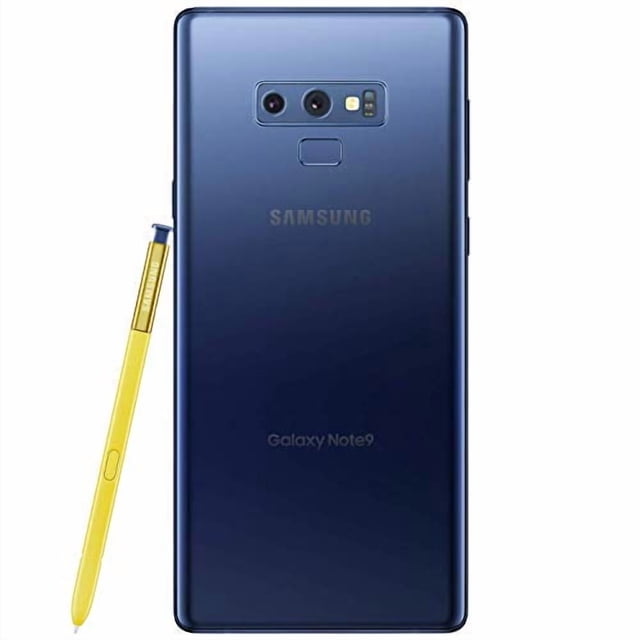 samsung galaxy note 9 6gb ram 128gb rom reacondicionado vista posterior centrada del smartphone negro Galaxy Note9 con doble cámara horizontal y flash, lector de huellas bajo el módulo de cámaras y logo Samsung; S Pen amarillo a un lado, bordes curvos y texto Galaxy Note9 visible, apto para multitarea y dibujo con S Pen.