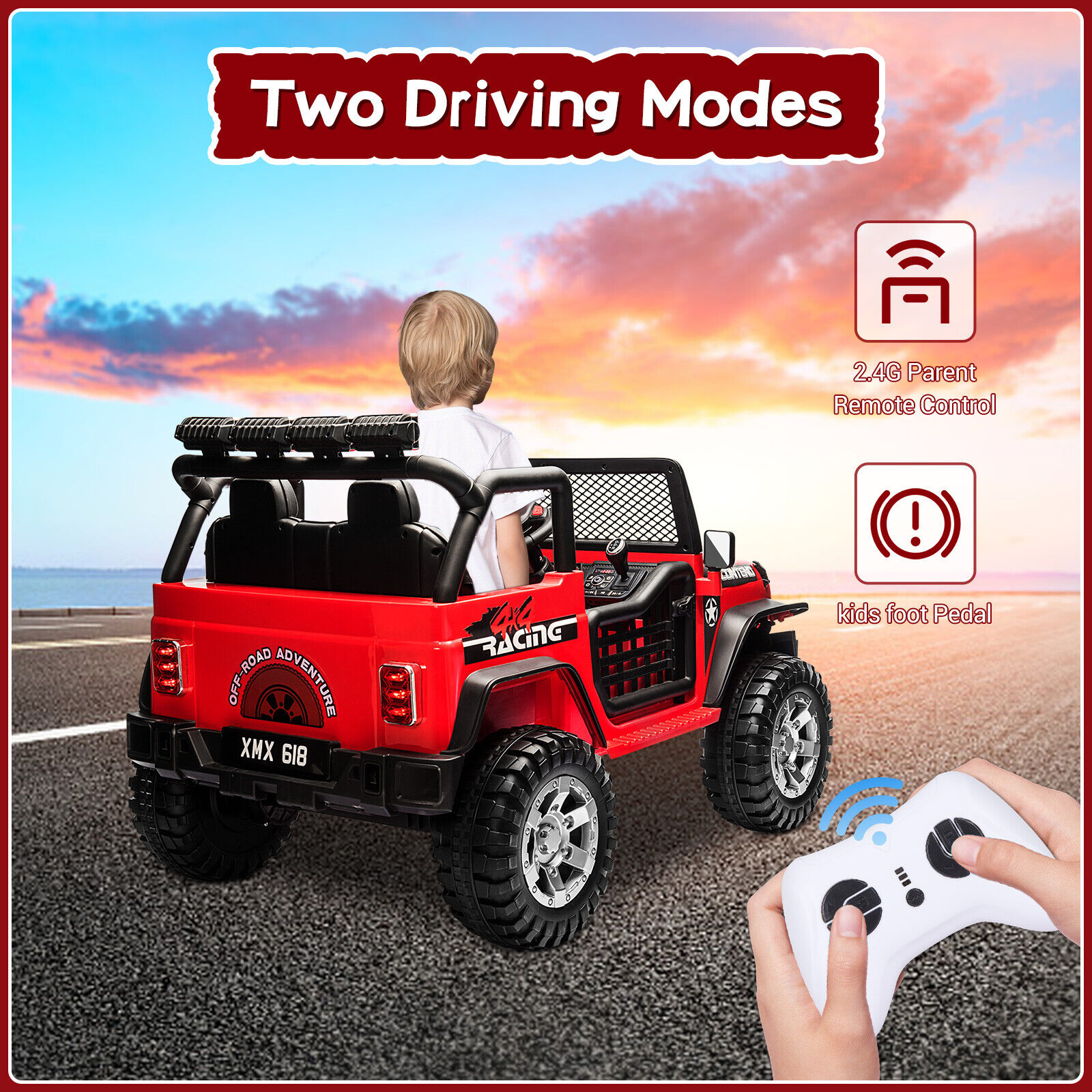 Dazone 12V Kids Ride on Jeep Car, Electric 2 Seats Off-road Jeep Ride on Truck Vehicle with Remote Control, LED Lights, MP3 Music, Red - image 2 of 7