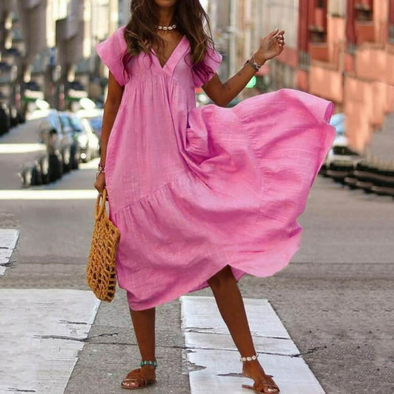 TAGOLD Womens Summer Dress, Women's Summer Casual V-Neck Short Sleeve Solid High Waist Loose Irregular Dresses Hot Pink S