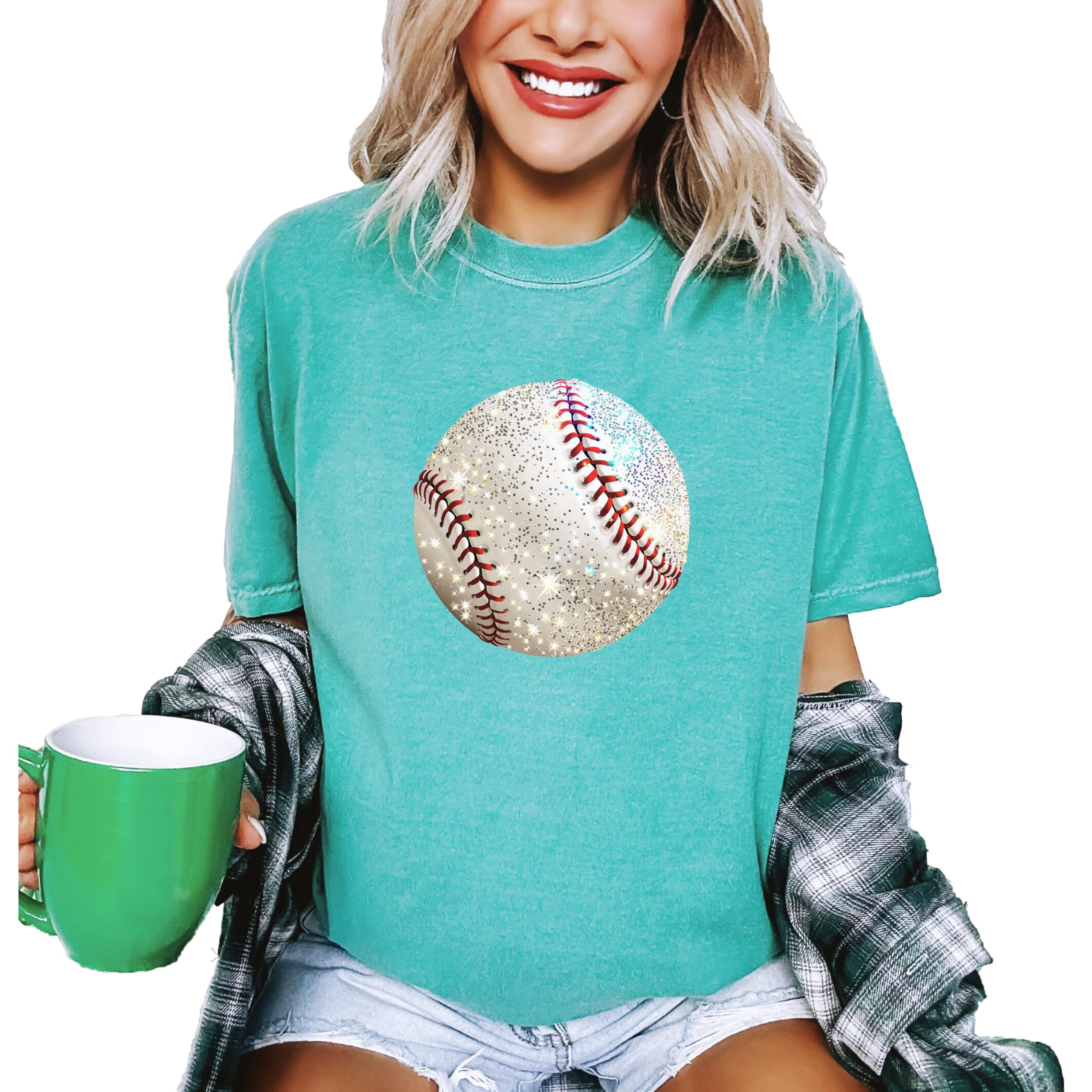 Glitter Baseball Shirt for Women and Teens Girly Baseball Fan Oversized Tee Seafoam Shirt Adult Medium