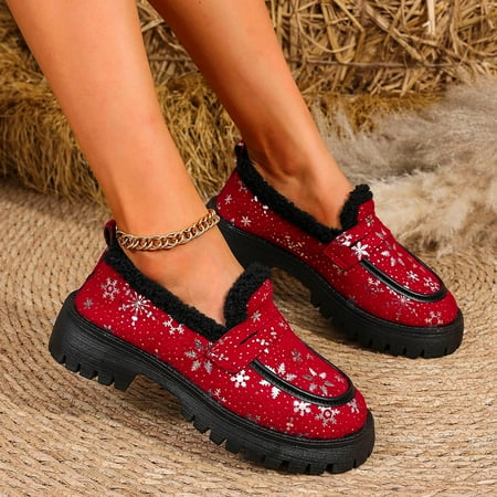 

Aueoeo Loafers Shoes For Women Faux Furs Lined Shoes Snowflake Print Winter Warm Cozy Shoes Slip On Shoes Low Heel Boots Red