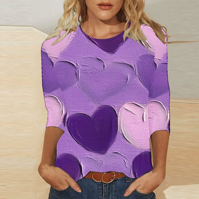 Styesk T-Shirts pour Femmes à Manches 3/4 Longueur, Imprimé Cœur, Hauts de Sortie, T-Shirts Confortables et Doux à Col Rond, Chandail à Enfiler, T-shirt Léger de Mode, Graphique de la Saint-Valentin, Grande Taille, Hauts Décontractés