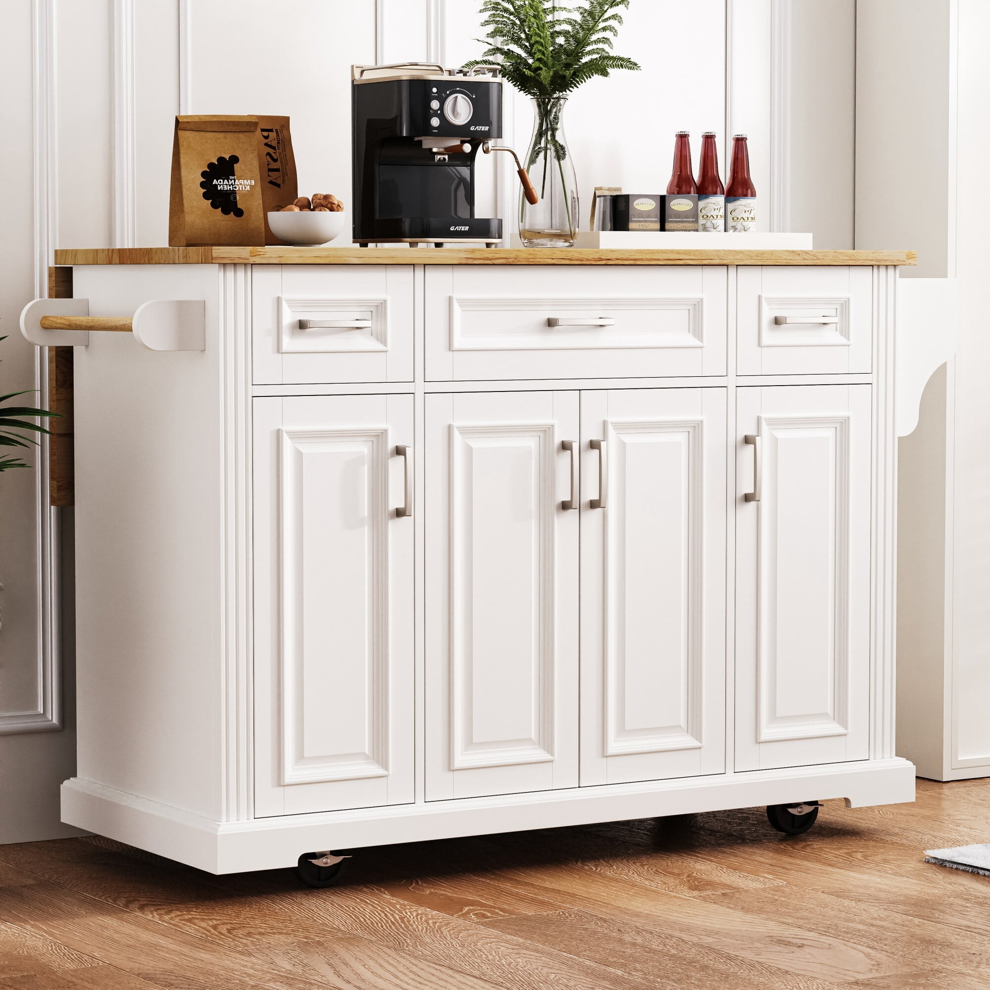 AENKYO 54" Large Kitchen Island with Rubber Wood Drop Leaf, Embossed Texture Rolling Kitchen Cart on 4 Wheels with 4 Doors and 3 Drawers for Kitchen, Dining Room,White
