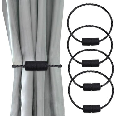 4 Pack Magnetic Curtain Tiebacks, Minimalist Curtain Holders, Weave Rope Curtain Tie Backs, Modern Elegant Decorative Drapes Accessories (Black)