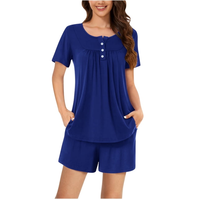 AherBiu Ensembles de Pyjama pour Femmes 2 Pcs Bouton Col Rond Hauts Ensemble Pjs Shorts Confortables Vêtements de Nuit