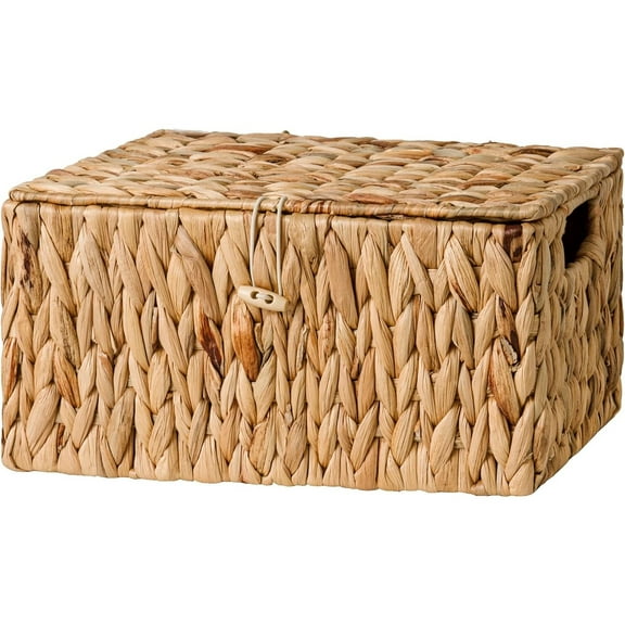 Water Hyacinth Baskets for Organizing, Wicker Storage Basket with Lid and Built-in Handles for Bathroom, Living Room (Medium, 1 Pack)
