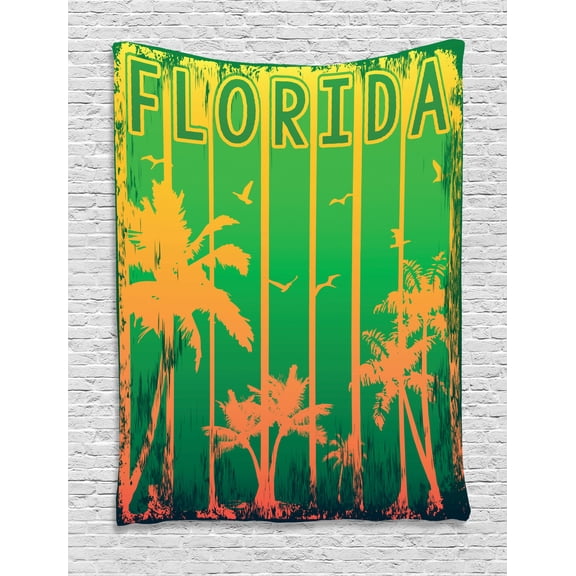 Florida Tapestry, Coastal City in California Worn Out Composition with Beach Trees, Wall Hanging for Bedroom Living Room Dorm Decor, 40W X 60L Inches, Lime Green Fern Green Orange, by Ambesonne
