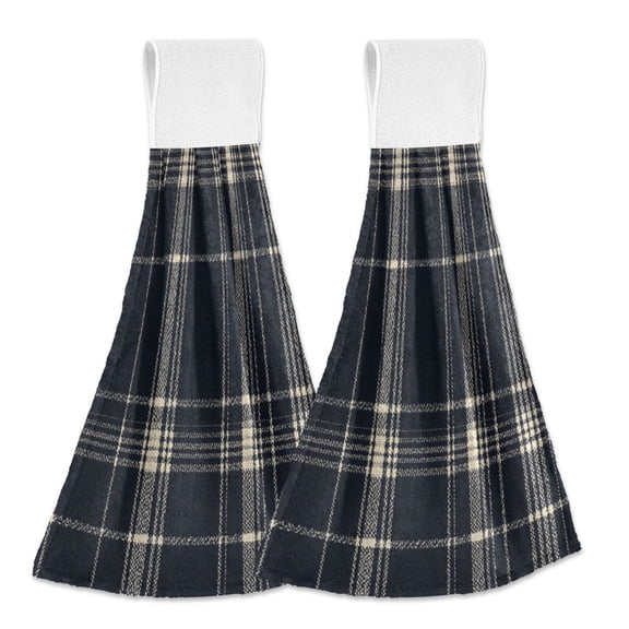Haosy 2 Pack Kitchen Wash Cloths with Hanging Loops Absorbent Absorbent Quick Drying Hand Towels, Dark Navy Blue Plaid