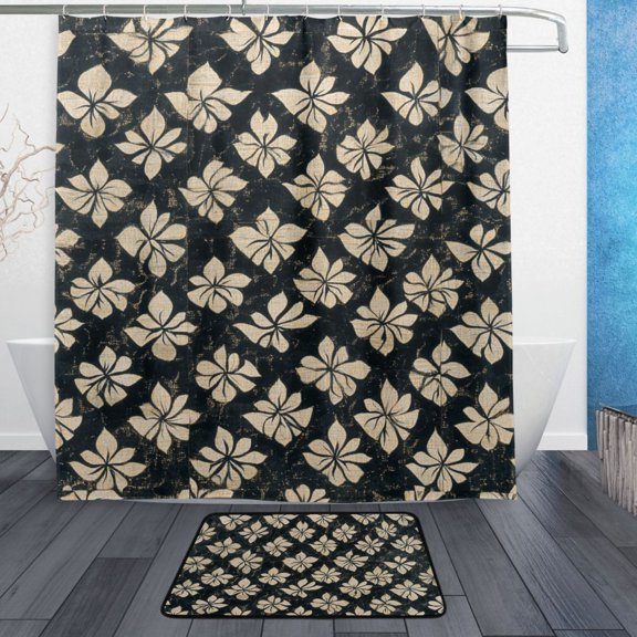 Beige Flower on Black Background 2 Pcs Bathroom Shower Curtain Set with Bath Mat and Shower Curtain 66"x72"