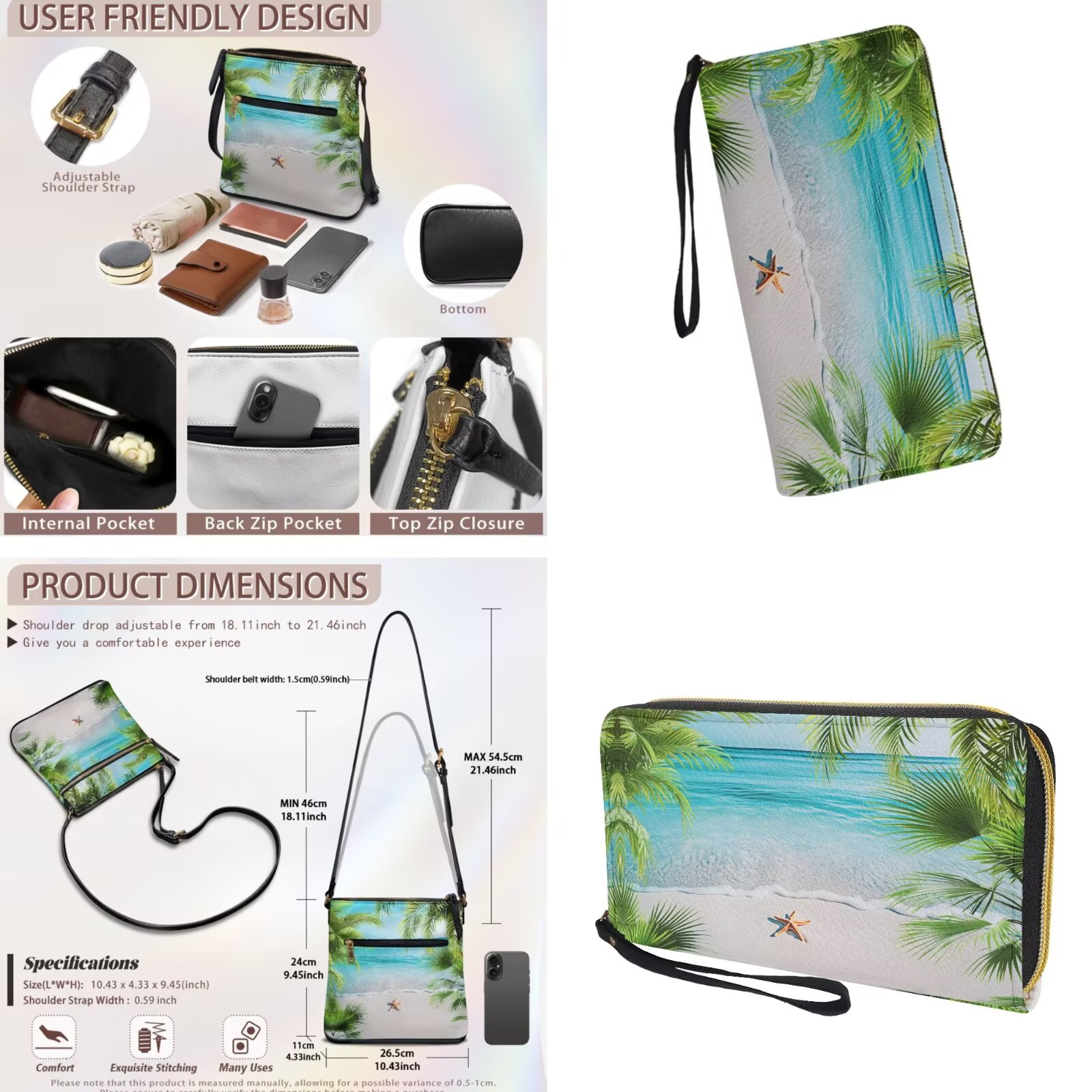 ZUXONGSY Beach Sea Starfish Palm Tree Print Women's PU Leather Crossbody Hobo Bag and Wallet Set, Adjustable Strap, Lightweight, Large Satchel for Travel & Work