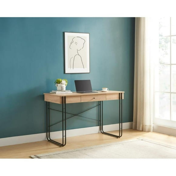 Computer Desk Writing Desk with One Drawer Metal Legs and USB Outlet Port – Light Brown & Black