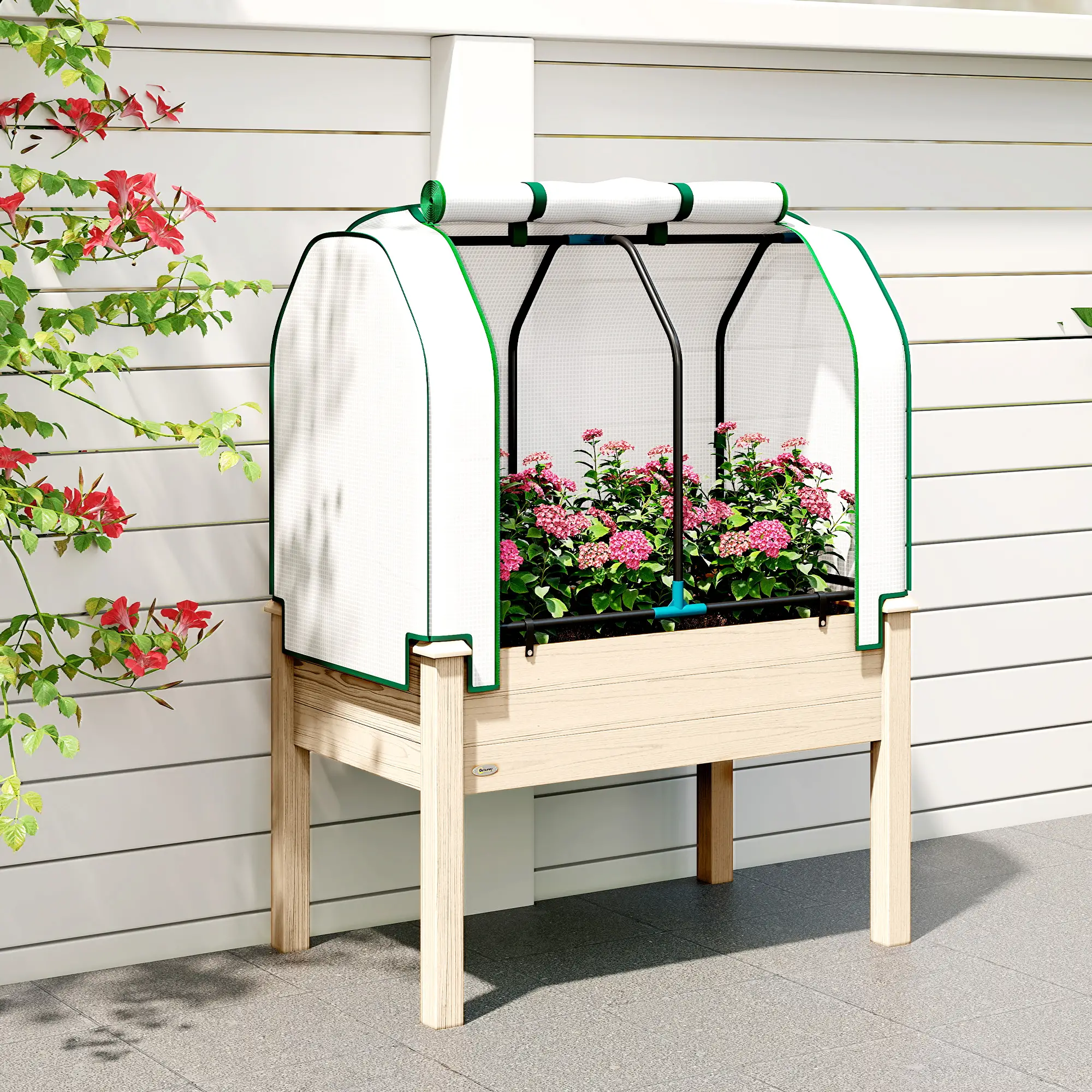 Raised Garden Bed with PE Cover, Fir Wood & Steel Frame, Roll-Up Ventilated Cover, Non-Woven Fabric, 4 Drainage Holes for Flowers Vegetables Outdoor