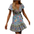 thumbnail image 2 of Xunlbb Women's Long Dress Summer Bohemian V Neck Lace Up Fashion Printed Lantern Sleeves High Waist Large Hem Dress Beach Fashion Vacation Party Holidays Casual Outfit Plsu Size, 2 of 6