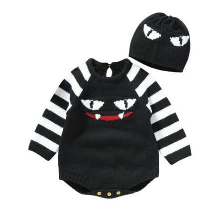 

BULLPIANO Halloween Baby Girl Boys Clothes Warm Romper with Hat Solid Longsleeve Striped Knit Sweater Infant Bodysuit Top Fall Winter Outfit