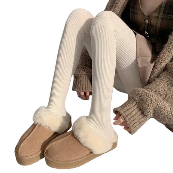 Women Winter Autumn Solid Color Vertical Striped Pantyhose Stockings Thicken Ribbed Knit Sweater Tights Leggings Hosiery