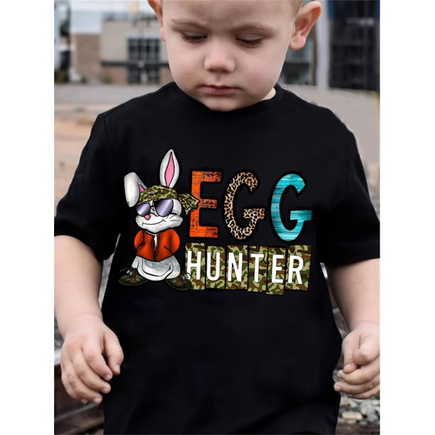 Easter EGG HUNTER Print Short Sleeve T-shirt, Casual Trendy Round Neck Comfy Summer Tops, Boy's Clothing