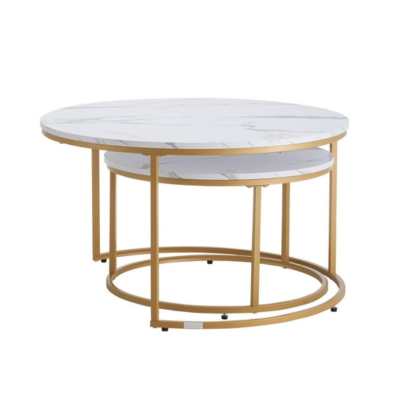 KFFKFF Set of 2 Nesting Coffee Tables, 31.5 in Round Design, Ideal for Compact Spaces, Vintage Style End Tables with Metal Frame, Suitable for Living Room, Bedroom, Office (White & Gold)