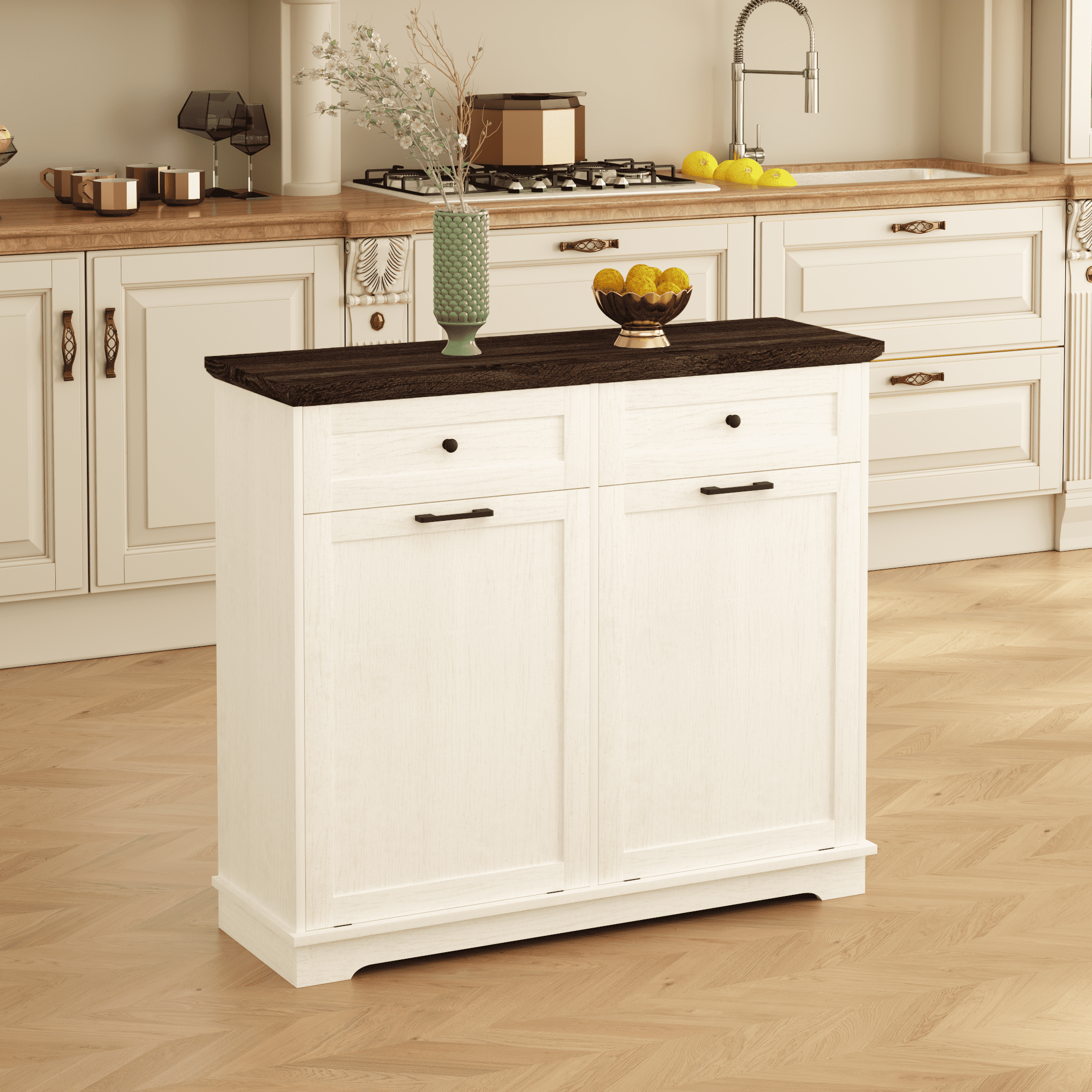 Tilt Out Trash Cabinet Freestanding Trash Bin Cabinet Wood Garbage Recycling Cabinet with Drawer Pet Proof Trash Can Holder for Kitchen Living Room, Antique White (Not include trash can)