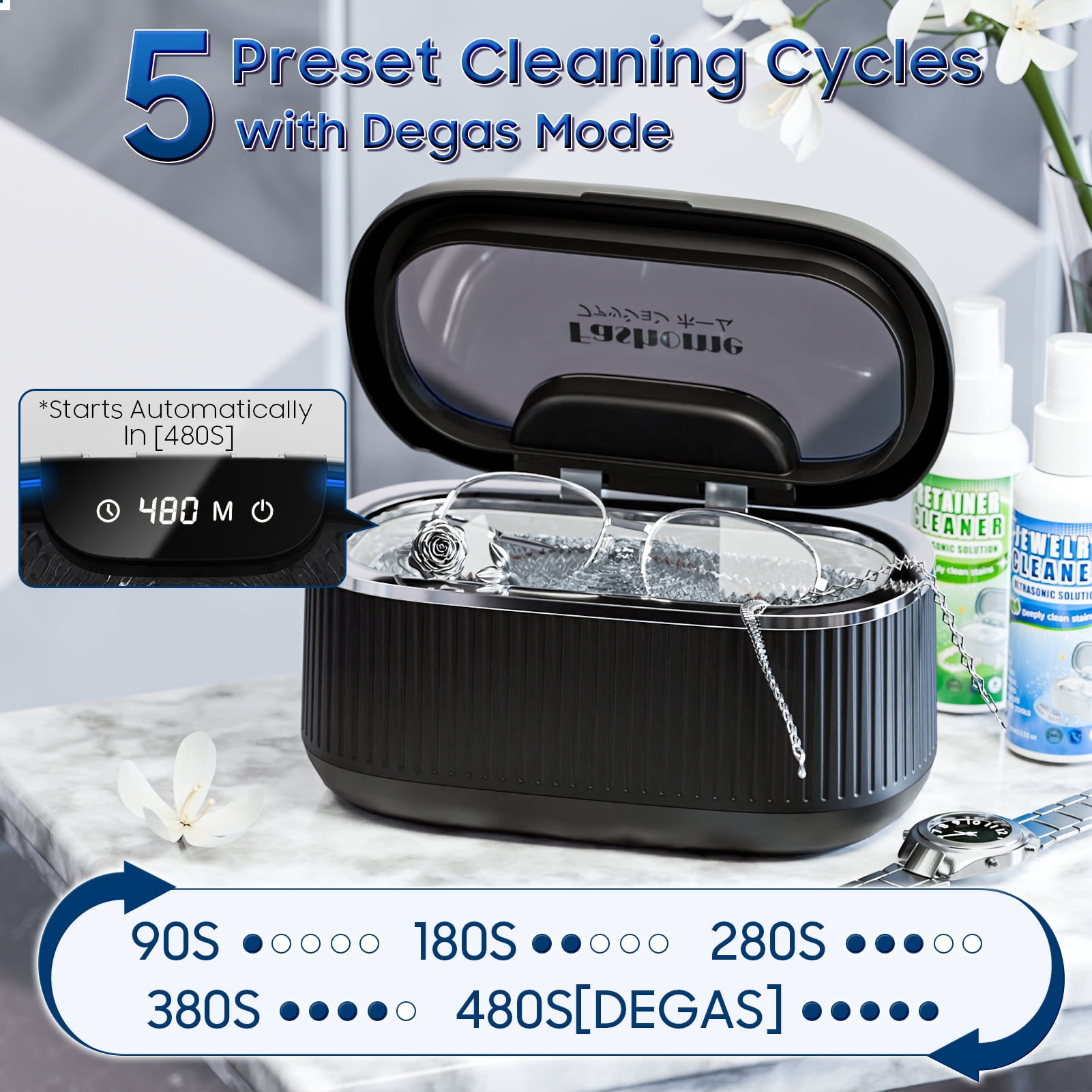 Professional Ultrasonic Jewelry Cleaner with Solution, 20oz 550ML Sonic Cleaner for Silver, Gold, Diamond Rings, Necklaces, Retainers, Eyeglasses, Dentures, 304 Stainless Steel Tank with Lights