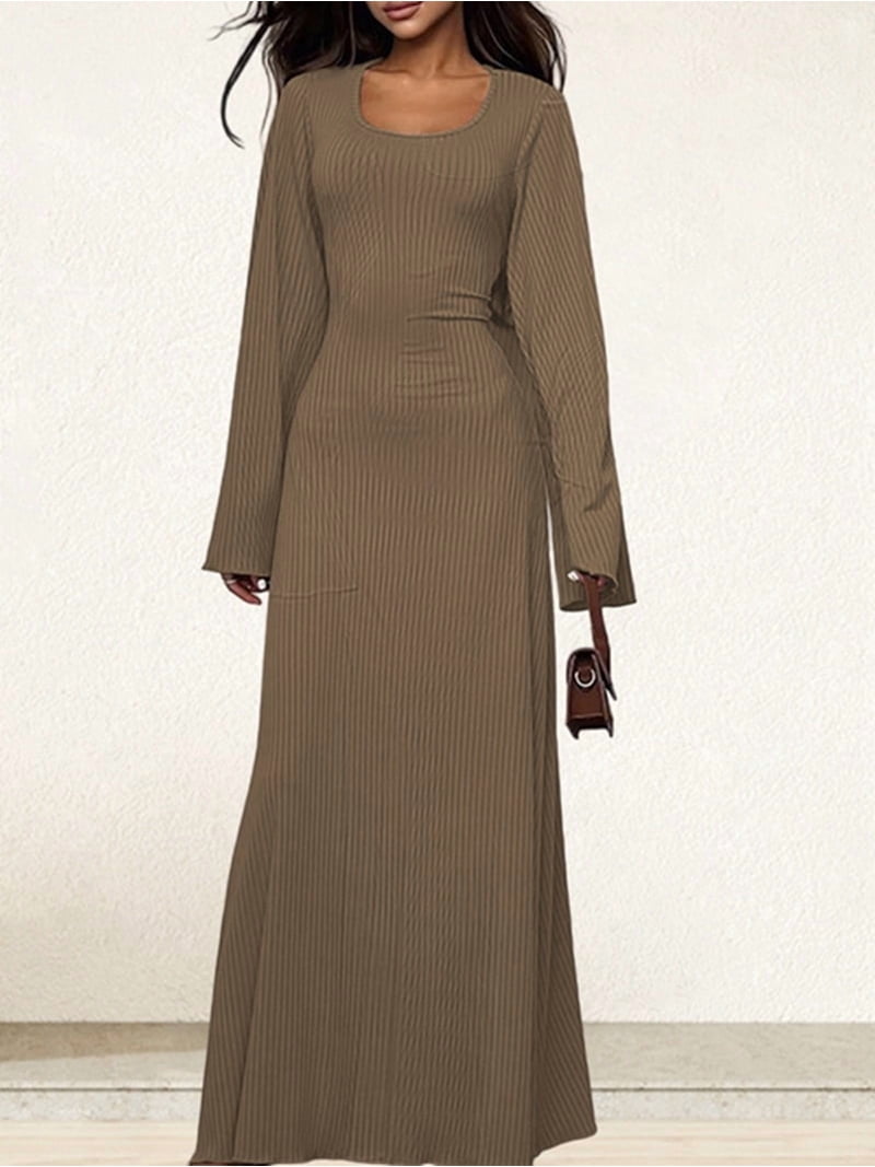 Solid Ribbed Trumpet Sleeves Maxi Dress Back Lace-Up Straps Elegant Casual Autumn Winter For Women Birthday Khaki / S