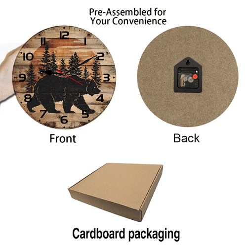 Kurmntregon Cabin Bear Wall Clock Black Bear Wildlife Forest Mountain Lodge Wooden Non Ticking Silent Quartz Bedroom Living Room Office Gym Kitchen Bathroom Patio Decor Decorative Clocks Round 10"