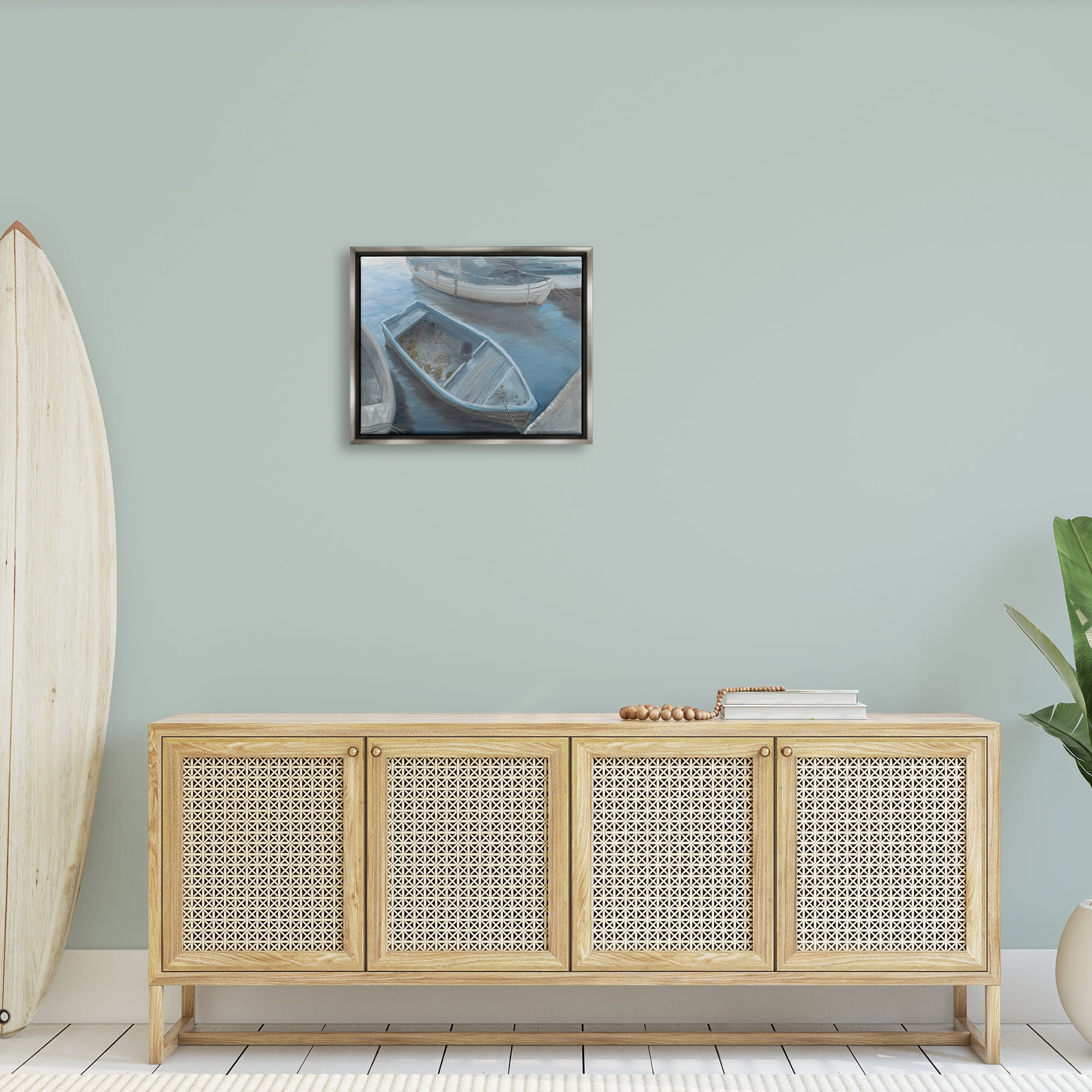 Stupell Docked Dinghy Boat Coastal Pier Landscape Painting Gray Floater Framed Art Print Wall Art