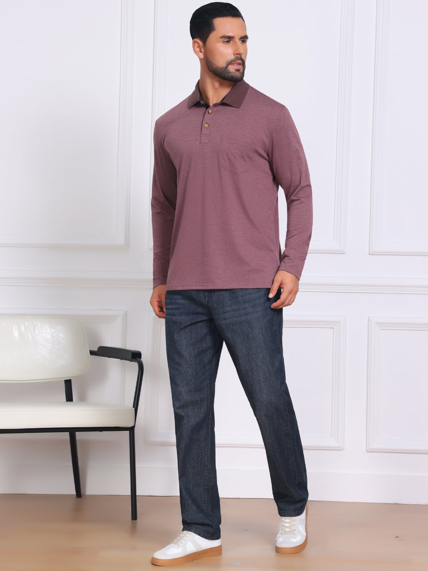 DARING DIVA Men's Contrast Button Collared Long Sleeves Golf Polo T-Shirts XL Burgundy