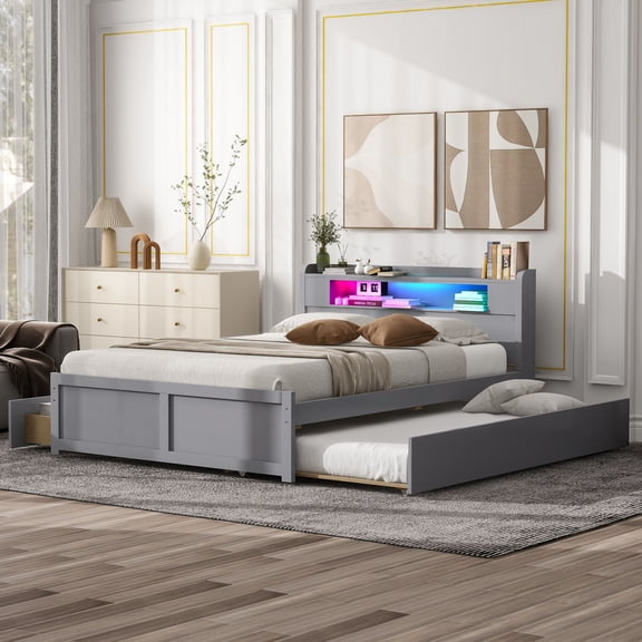 Harper & Bright Designs Queen Size Bed Frame with Storage Headboard & Led, Wooden Platform Bed with 2 Drawers and Trundle Bed, Gray