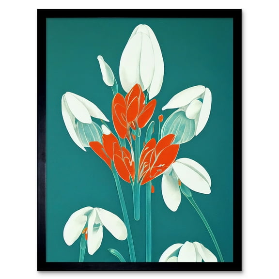 Abstract Snowdrops Red Flowers on Teal Retro Mid Century Style Art Print Framed Poster Wall Decor 12x16 inch