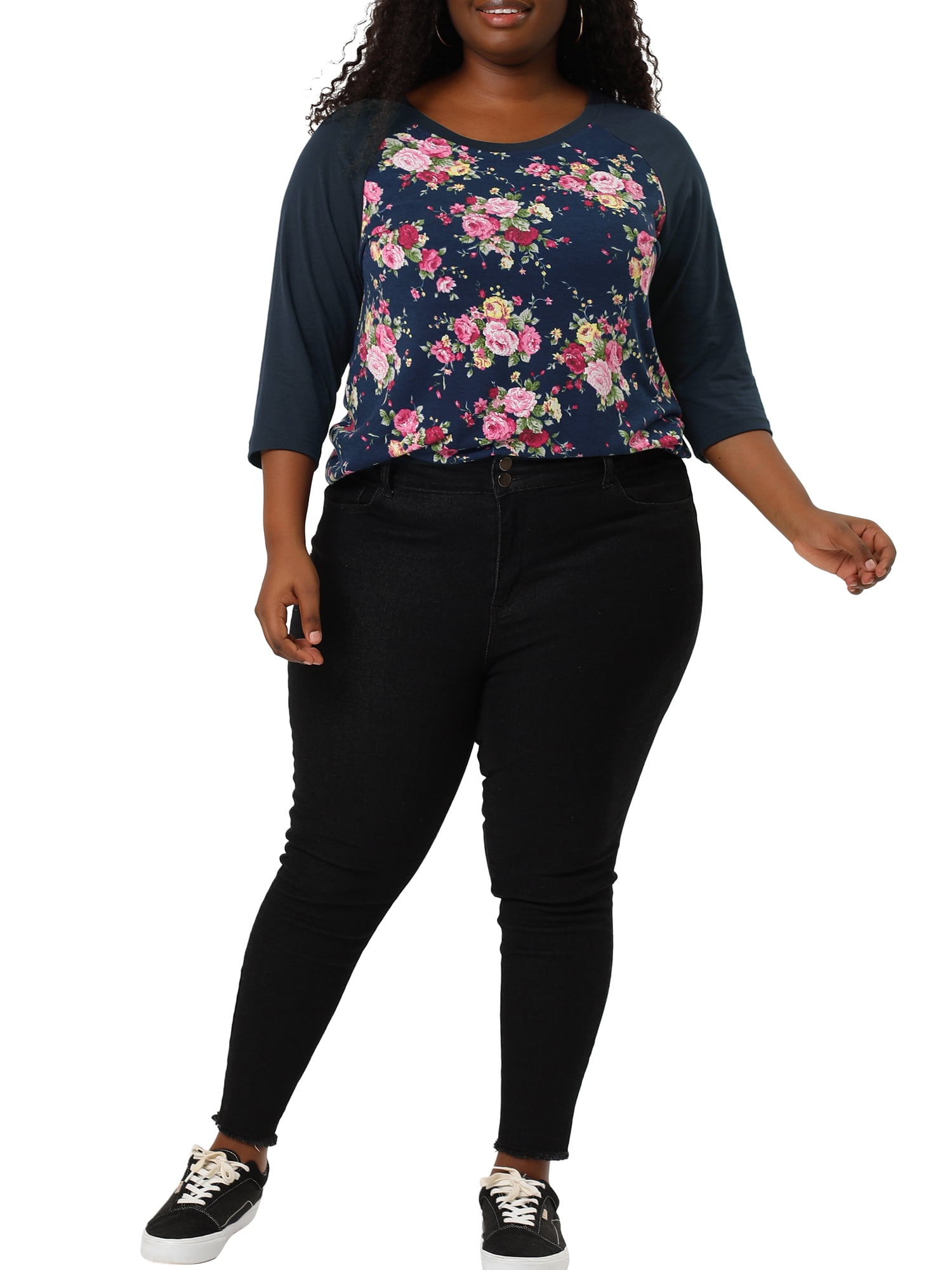 DARING DIVA Women's Plus Size Raglan Crewneck 3/4 Sleeve Floral Tunic Tee 2X Navy Blue