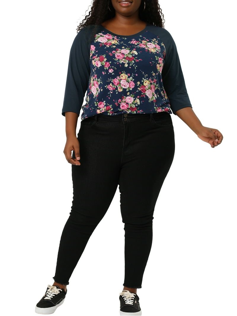 DARING DIVA Women's Plus Floral Tops Round Neck 3/4 Sleeves Blouse