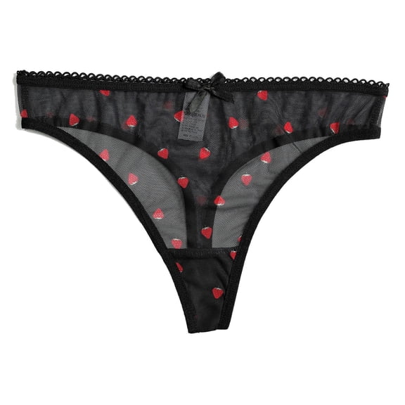 VONCOS Womens Sheer Heart Print Mesh Thong Black, No Show Invisible Underwear for Everyday Comfort, Scalloped Lace & Bow Detail, Valentine's Day Gift,Size M