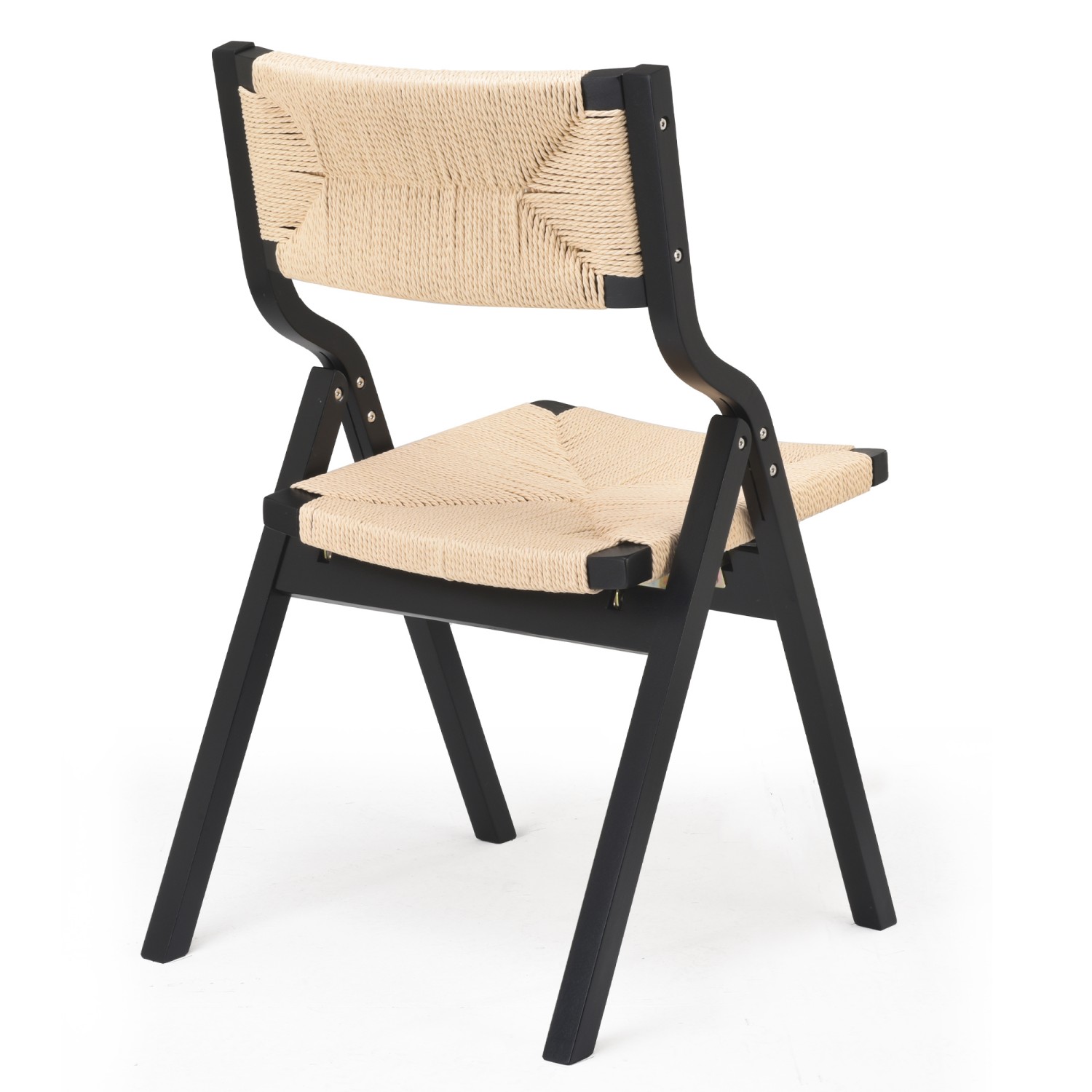 Folding Dining Chairs Set of 2, Wooden Foldable Chairs with Woven Seat & Webbing Back, Space-Saving Kitchen & Dining Room Chairs, Black & Natural