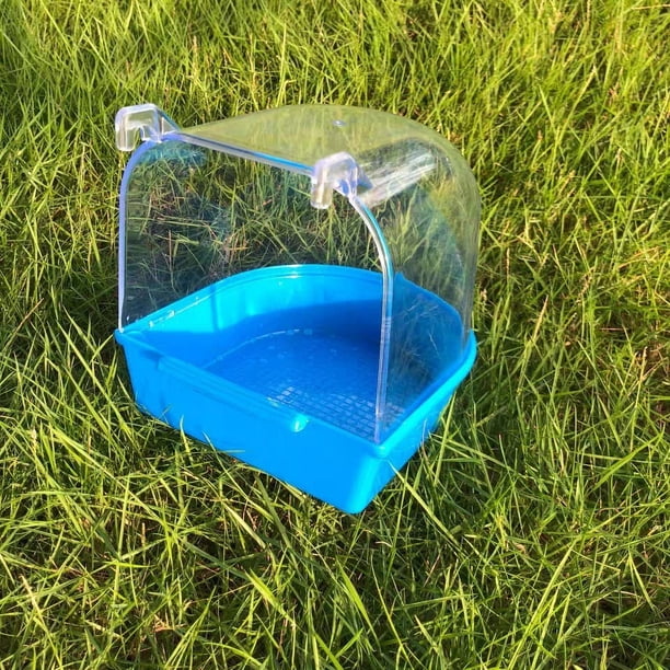 Jaula colgante para baño de pájaros, accesorios para jaula de limpieza de mascotas, caja de plástico, baño de loros para ducha de mascotas, bañera para pájaros (azul)