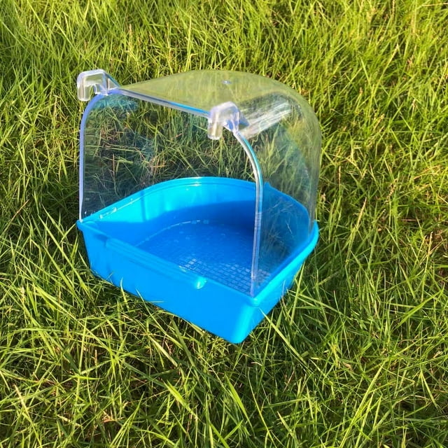 Jaula colgante para baño de pájaros, accesorios para jaula de limpieza de mascotas, caja de plástico, baño de loros para ducha de mascotas, bañera para pájaros (azul)