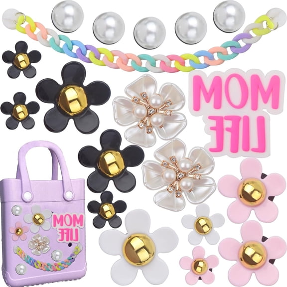 18pcs Bogg Bag Accessories Decoration Charms Pearls Colorful Flowers Pink Momlife Insert Charm with 1pcs Short Chain Clasp, Compatible with Women Rubber Beach Bag Tote Bogg Bags Handbags