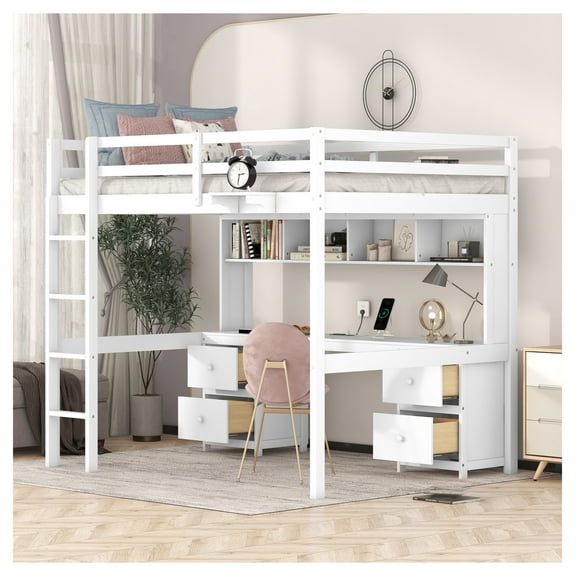 Twin Size Wood House Loft Bed with Slide, Storage Shelves, Light & Climbing Ramp, Wood Color