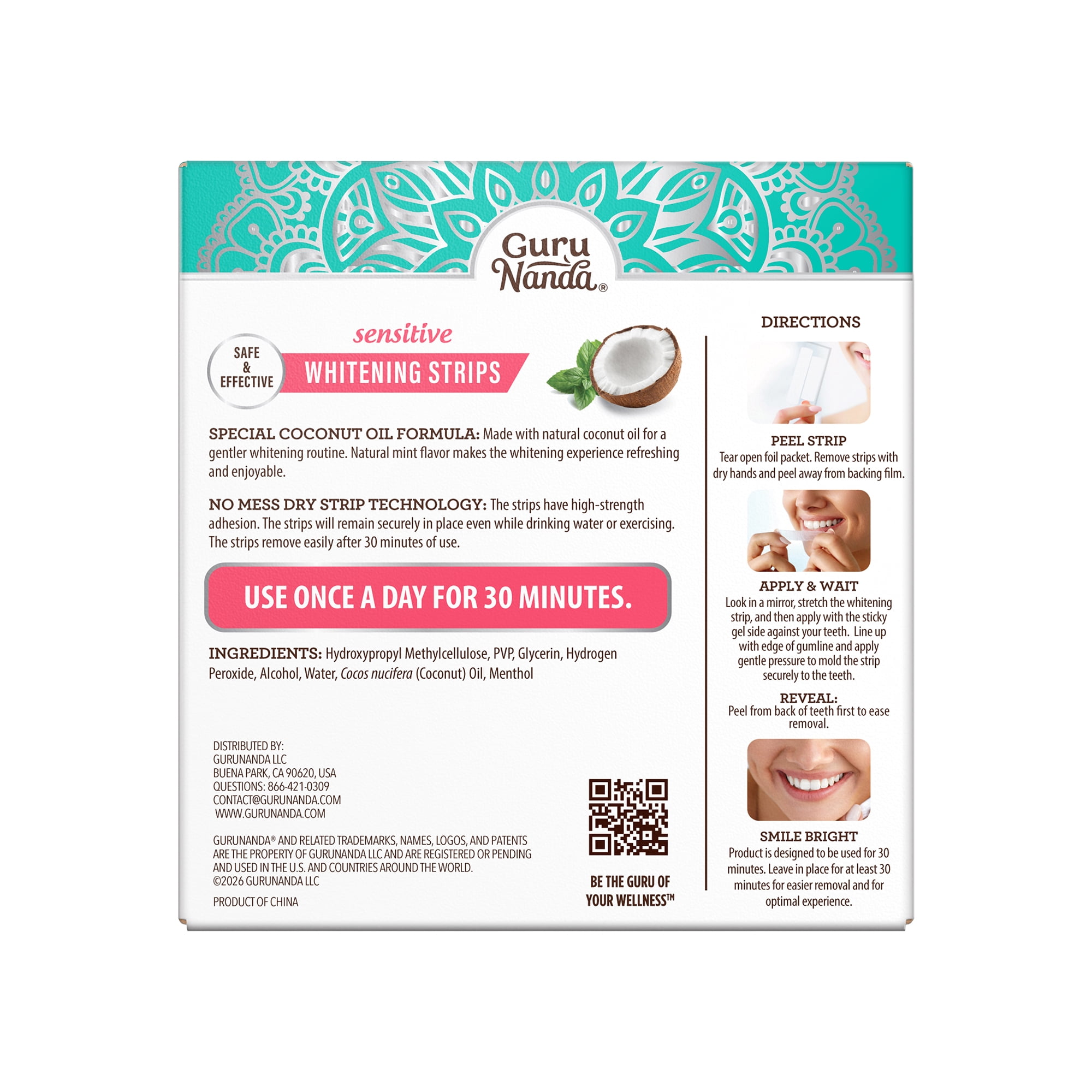 GuruNanda Sensitive Whitening Strips with Coconut Oil - 16 Treatments - Natural Mint Flavor