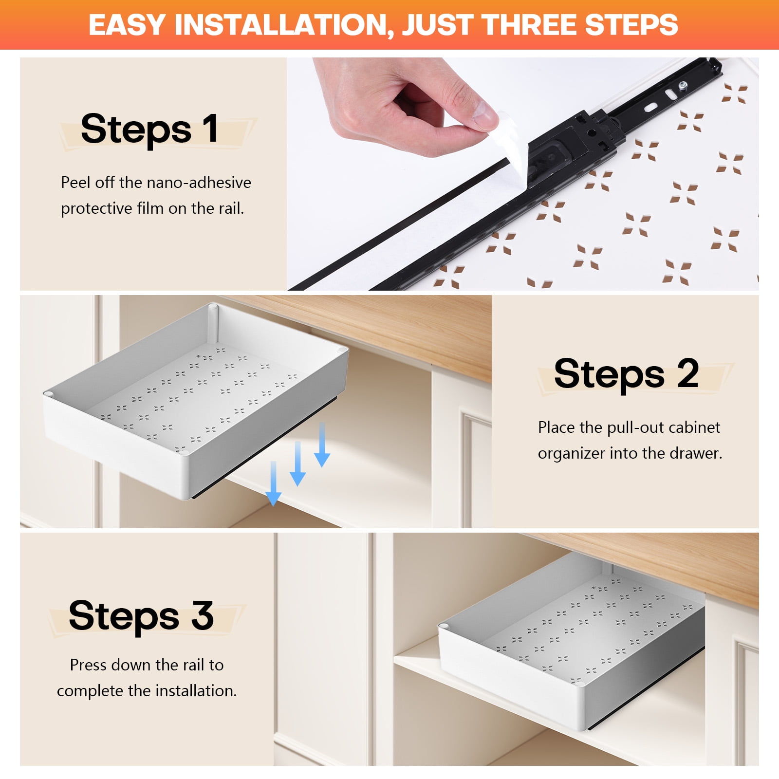 3PCS Pull Out Cabinet Organizer Adhesive with Nano Film,Slide Out Drawers Adhesive Heavy Duty Storage Drawer Shelf with 3PCS Divider Racks for Kitchen Pantry Bathroom Home