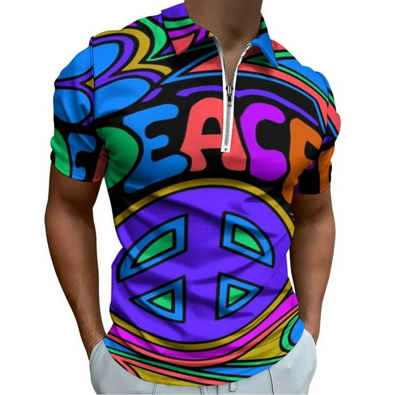 Peace And Love Flowers And Stars Hippie Design Men Zipper T-shirt Summer Casual Short Sleeve T-shirt Top