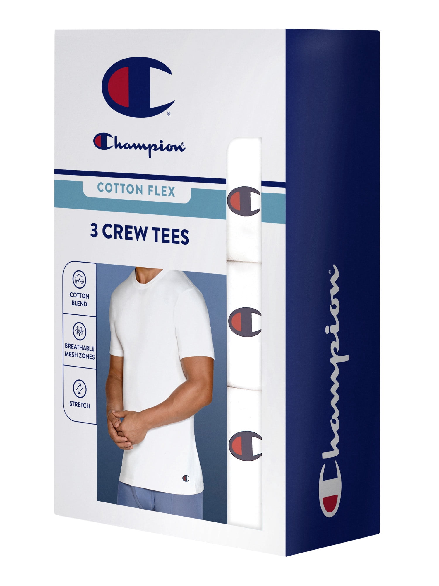 Champion Men’s Crew Tee – 3 Pack Cotton Flex, Stretch Undershirts with Breathable Mesh Insert, Sizes S–2XL