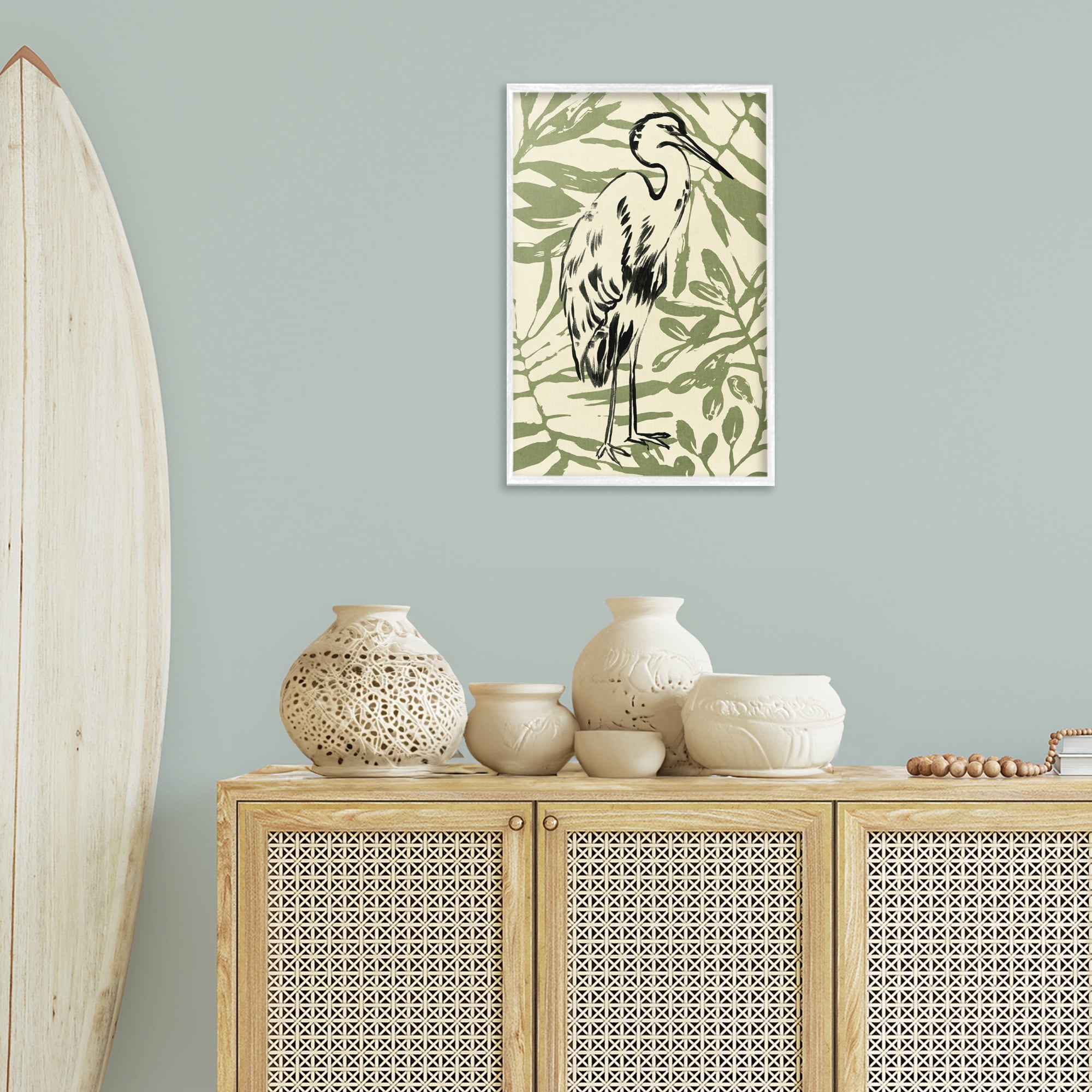 Stupell Industries Heron & Leaf Pattern Animals & Insects Painting White Framed Art Print Wall Art, 16 x 24